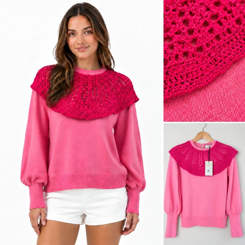 Tuckernuck Crochet Bib Sweater Pink Fuchsia 100% Cotton Puff Sleeve  Sweater MD